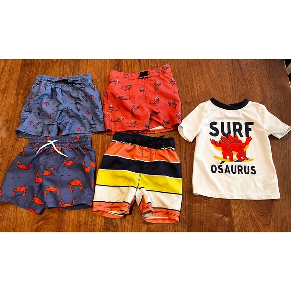 Toddler Boy Swim Lot – 4 Swim Trunks + Surf-osaurus Rashguard Shirt – Size 2T - Picture 1 of 14